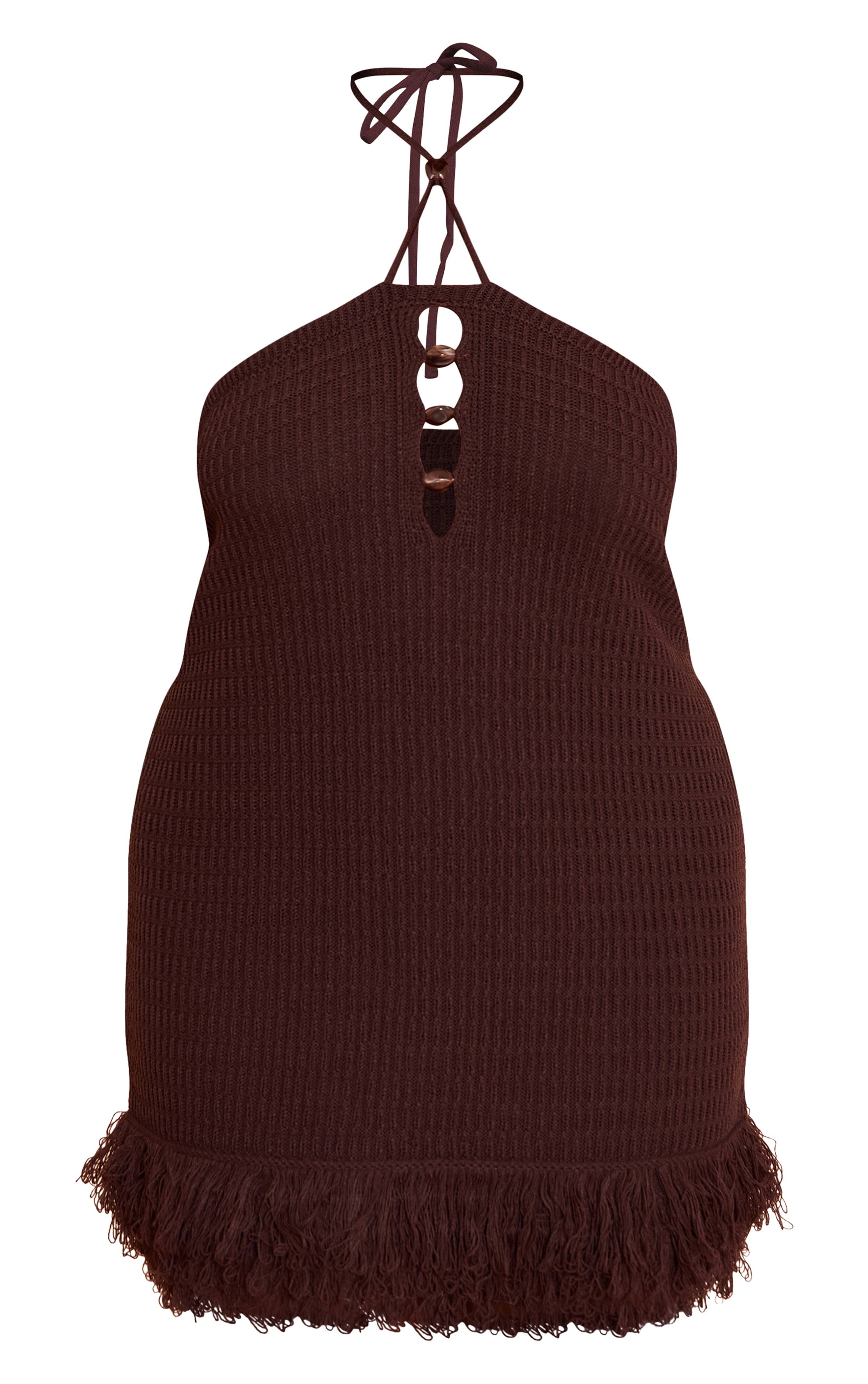 Chocolat Robe Mini Grande Taille Tricotée À Col Licou Avec Détails De Perles Et Franges