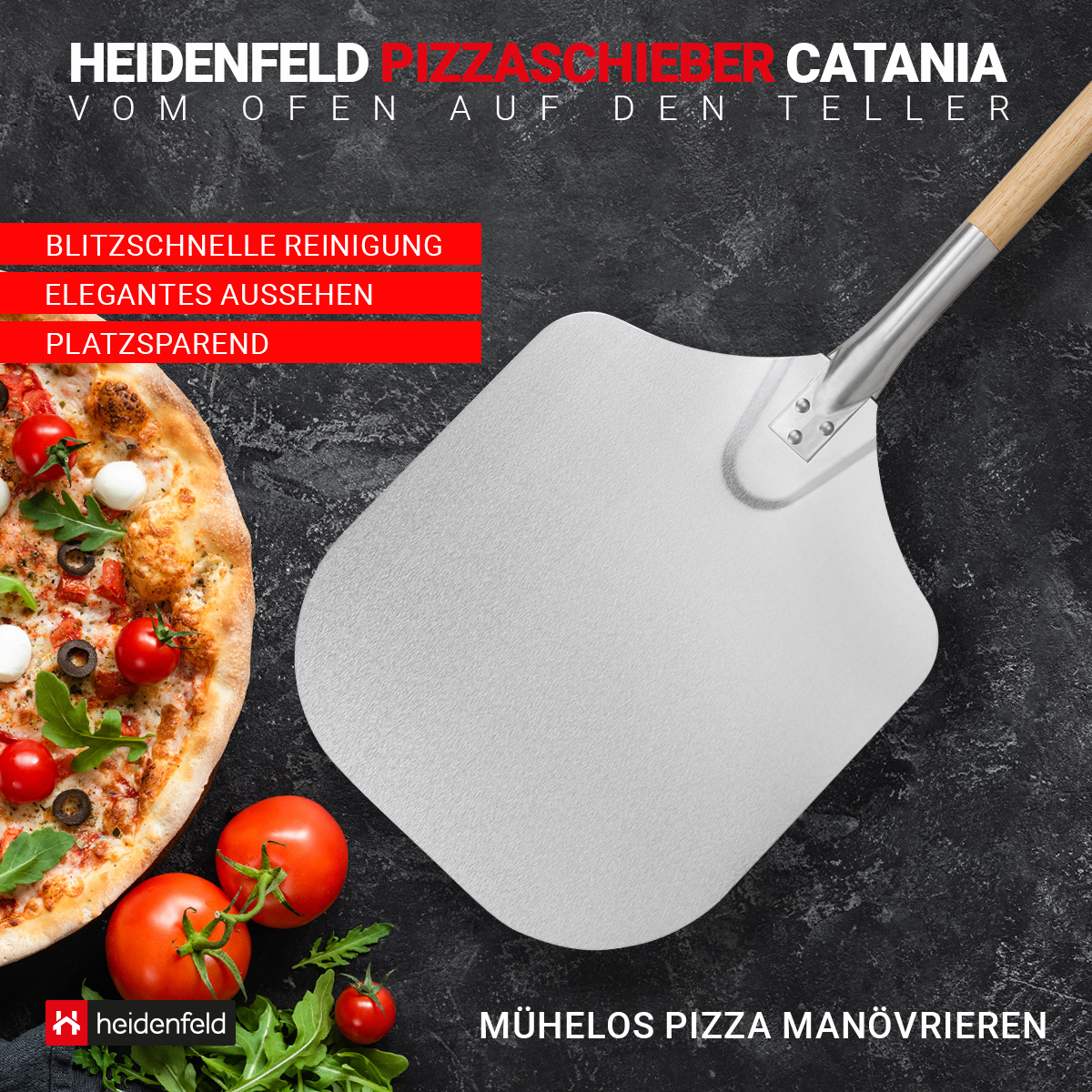 Heidenfeld Pizzaschieber Catania, Holz, Aluminium, 30,5 cm, Pizzaschaufel mit abnehmbarem Holzgriff
