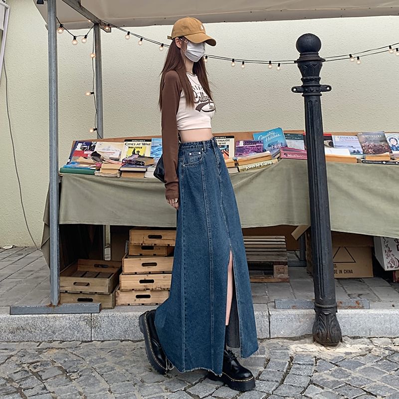 Denimot - Hoge taille gewassen, gerafeld split maxi A-lijn denim rok