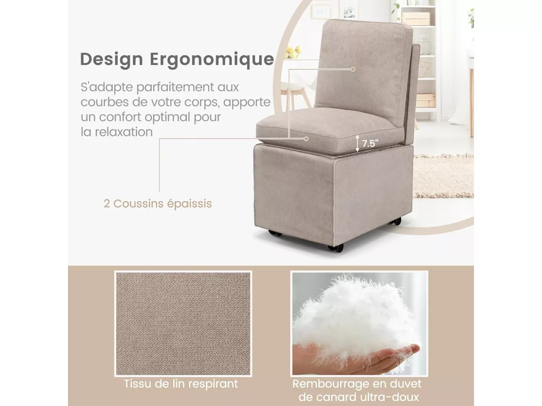 Fauteuil Salon Rembourrée avec Rangement et Roues, Chaise d'Appoint sans Accoudoirs en Tissu avec Coussins Amovibles, Ottoman de Rangement avec Dossier pour Salon, Chambre, Bureau (Style 1)