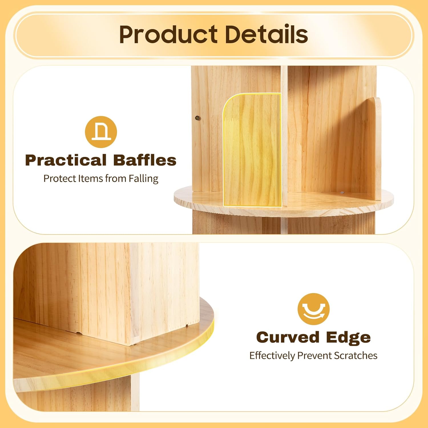 6 Ebenen Drehbares Bücherregal 360 ° Massivholz Bodenstehendes Bücherregal Multifunktional Standregal für Kinder und Erwachsene 50KG Tragkraft Pro Etage Holz Regal für Büchern, Fotorahmen