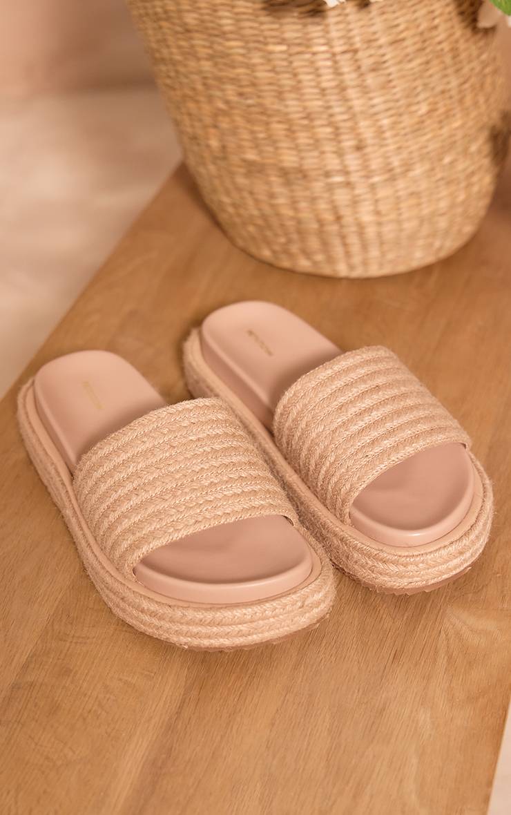 Naturel Sandales Mules À Plateforme Bout Rond Et Bride En Raphia Synthétique