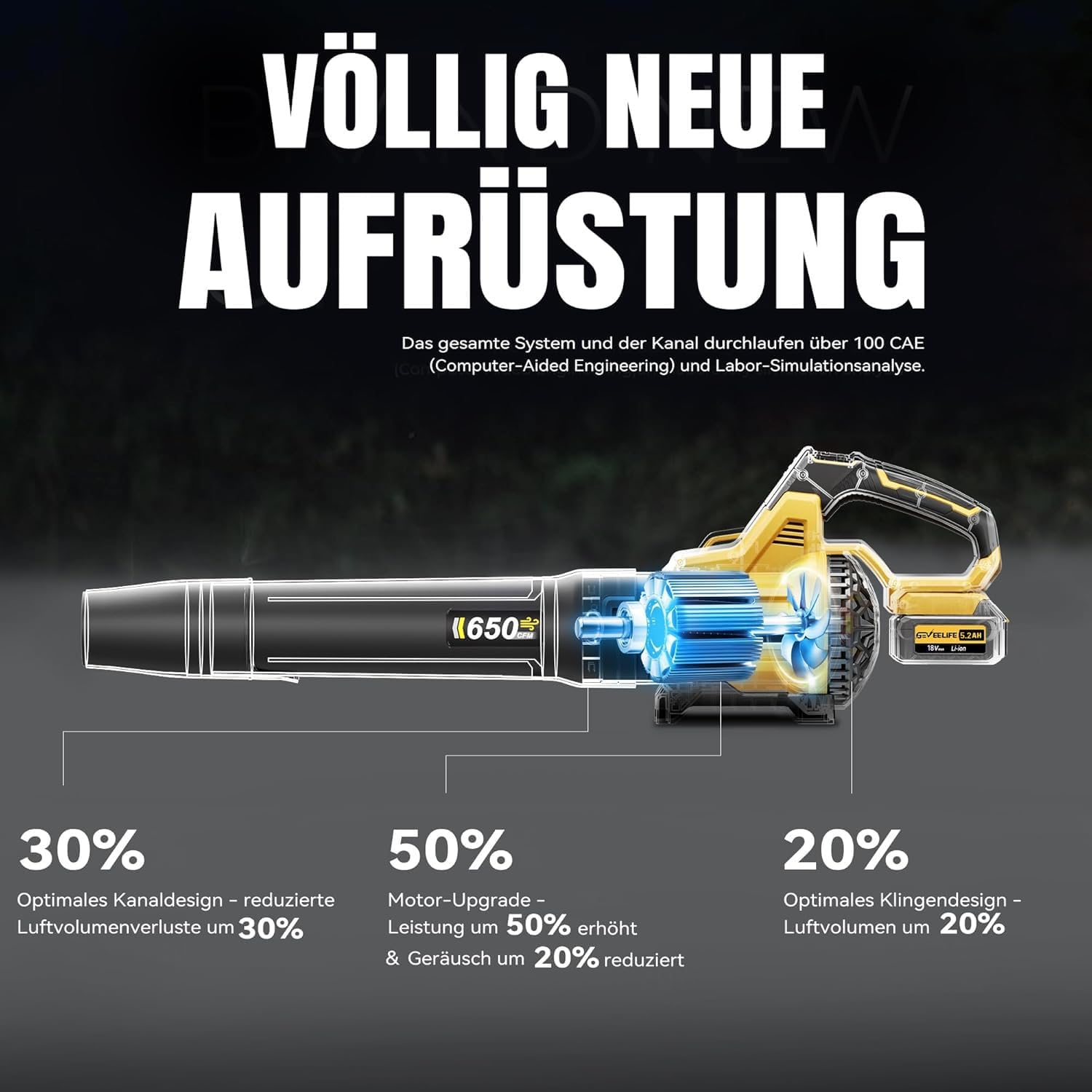 GEVEELIFE Akku-Laubbläser, 18V 257 km/h Elektrischer Laubbläser mit 3-Gang & 2x5,2Ah Akkus –Kabellos laubbläser für für Garten, Laub,Staub & Schnee (Inklusive Batterie), Gelb