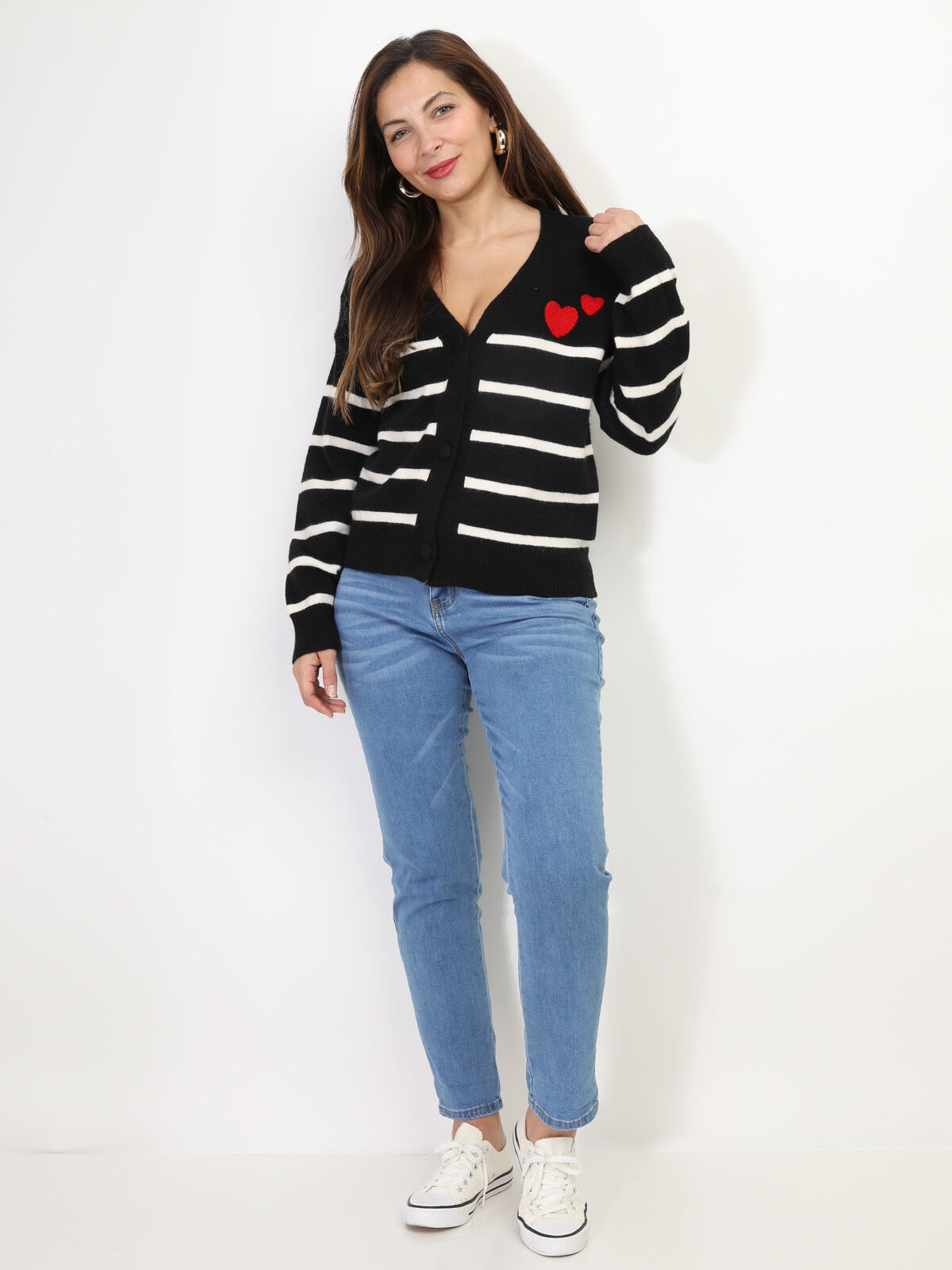 Cardigan marinière et cœurs- Noir