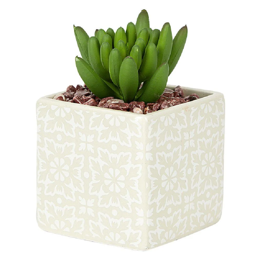Petite plante grasse artificielle pot en grès motif végétal blanc