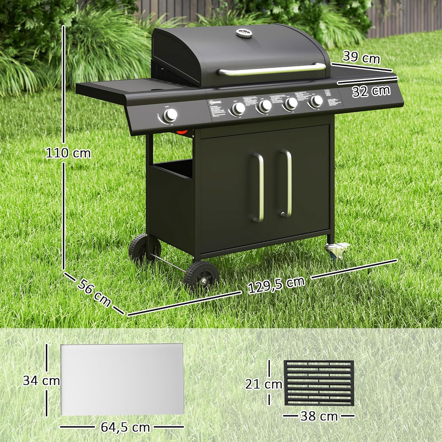 Outsunny Gasgrill 15,2 KW BBQ Gartengrill inkl 5 Edelstahl-Brenner Seitenkocher Rolle Gasschlauch Druckminderer Deckel Seitenablage Thermometer, Grillwagen für Grill, Balkon, 129,5 x 56 x 110 cm