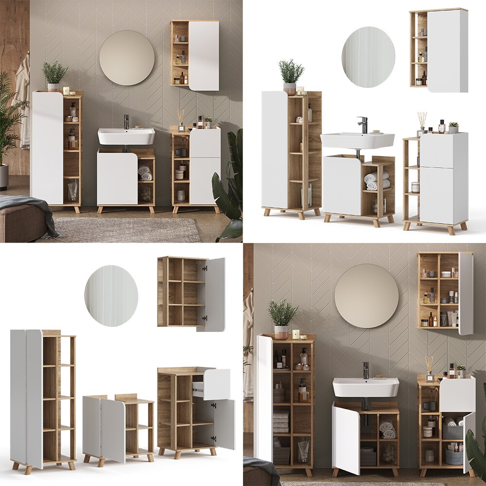 Vicco Badmöbel-Set Karen, Sonoma Weiß, moderne Badezimmerserie, 2 Farben, Waschtischunterschrank, Badspiegel; Midischrank, Unterschrank, Hängeschrank