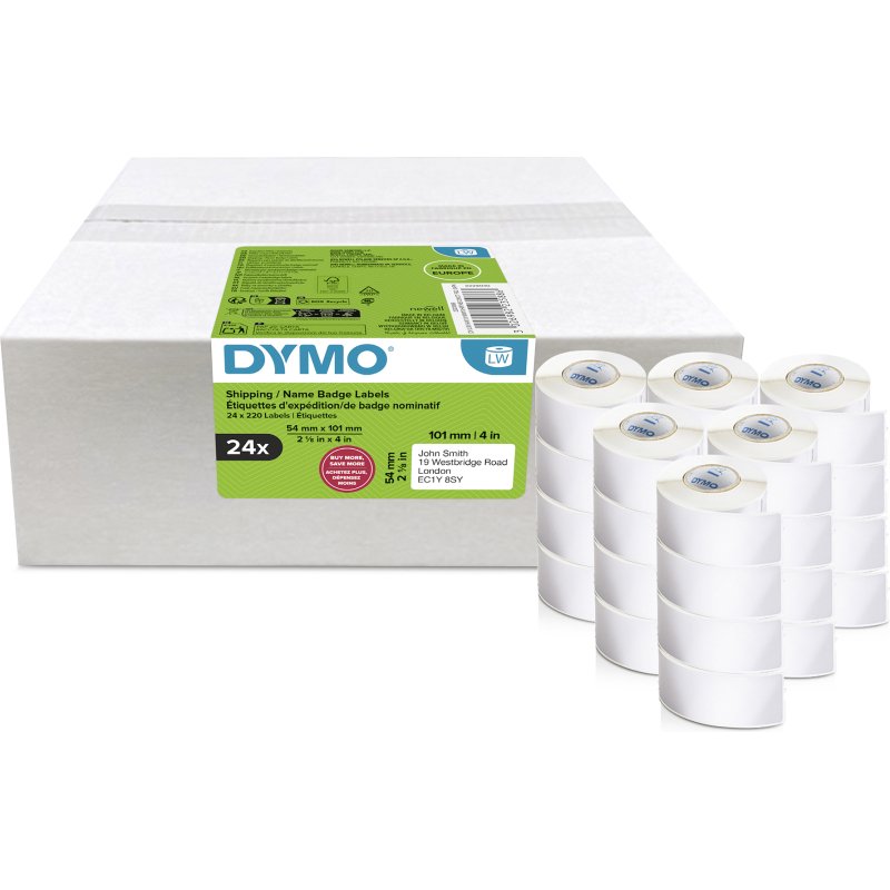 Étiquettes pour expéditions et badges 54 mm x 101 mm DYMO LabelWriter - Rouleau de 220 étiquettes - Boîte de 24 rouleaux