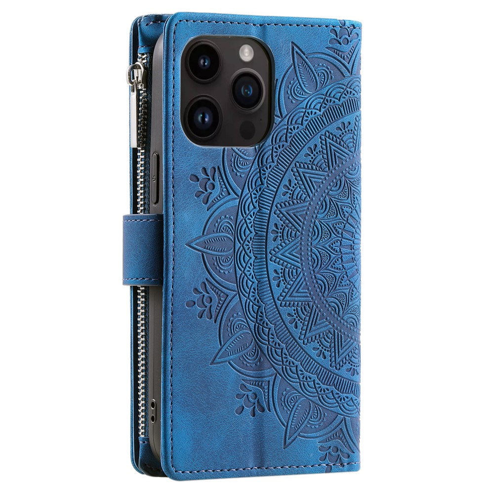 iPhone 16 Pro Leder Tasche Flip Cover mit Reissverschluss - Mandala Flowers Imprint - Blau