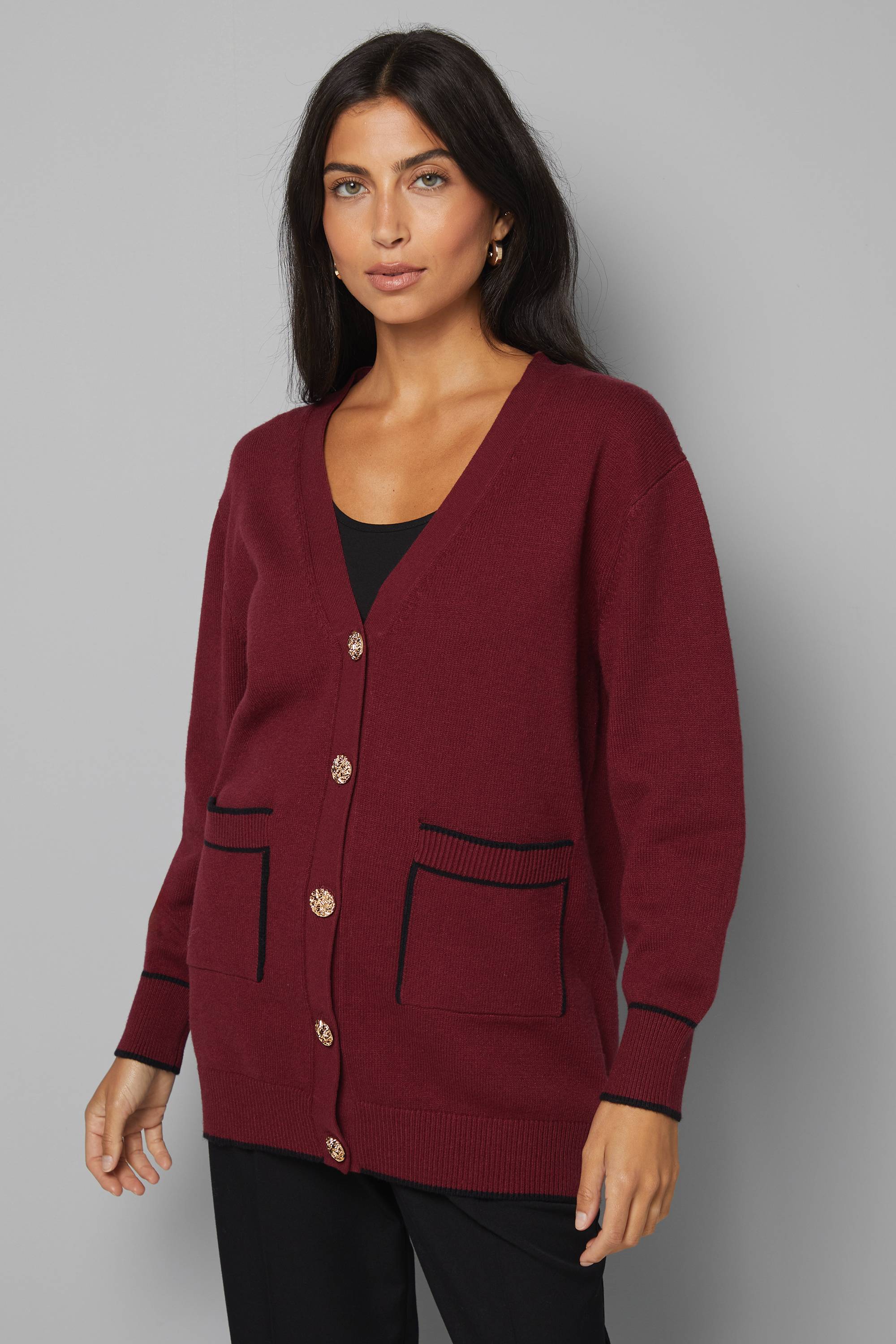 Wallis Cardigan Boutonné à Liserés Cranberry