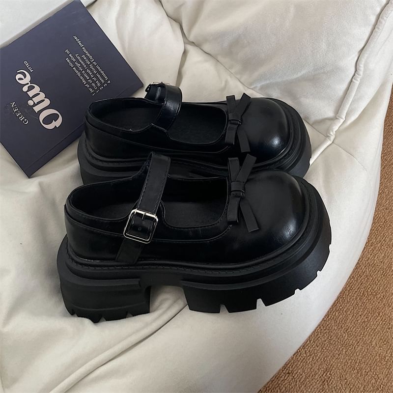 telijimi - Platform Mary Jane-schoenen met strikaccent en imitatieleer