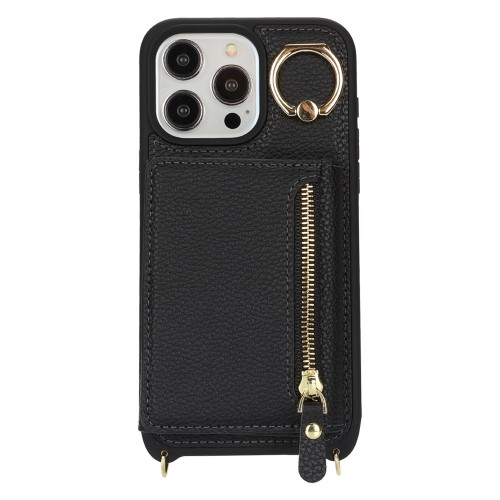iPhone 14 Pro Necklace Leder Hülle mit Münzfach und Kartenfächer   Finger Griff Halterung   Handykette - Schwarz