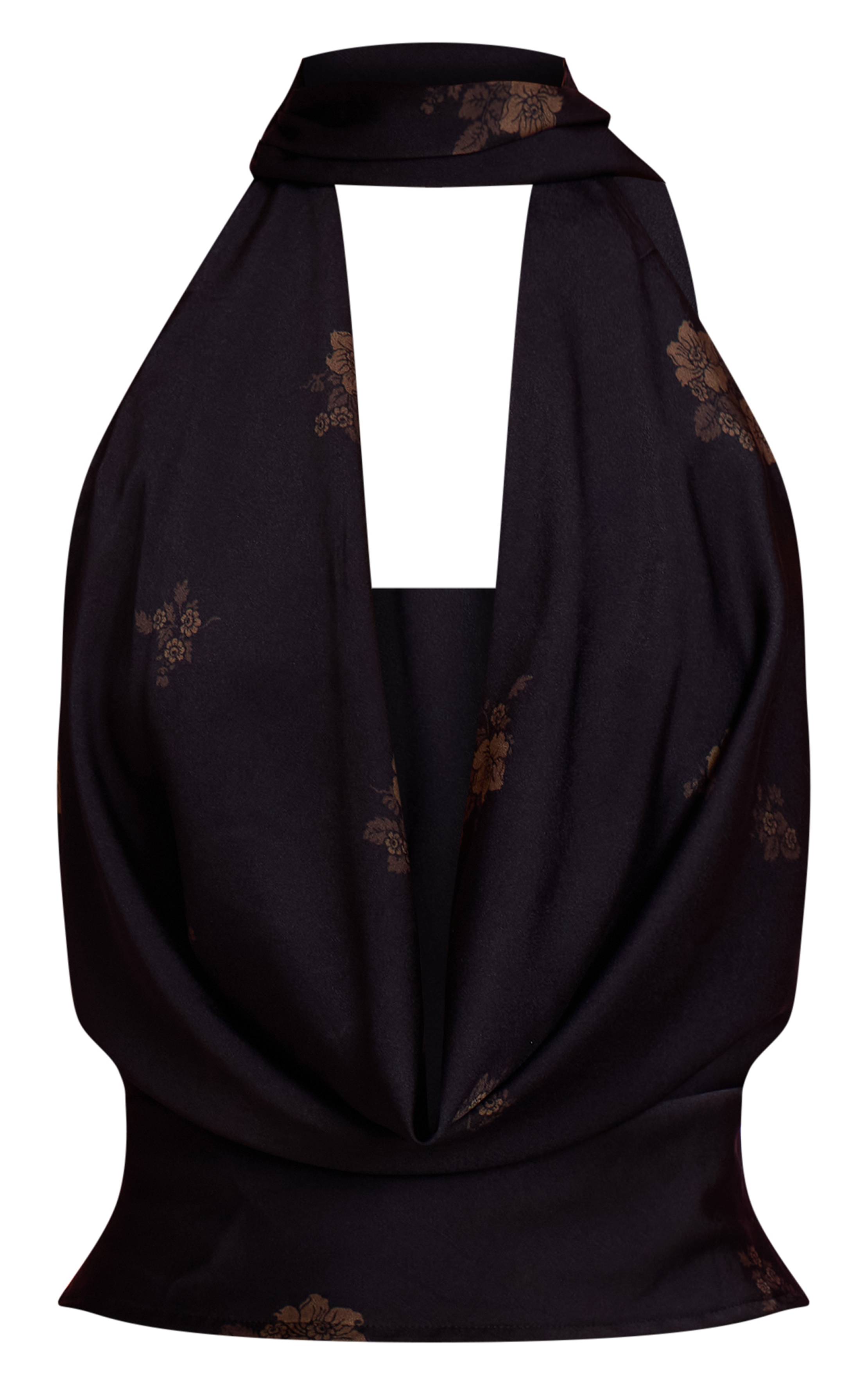 Bleu Marine Haut En Satin À Imprimé Fleuri Ditsy Avec Col Bénitier Extrême