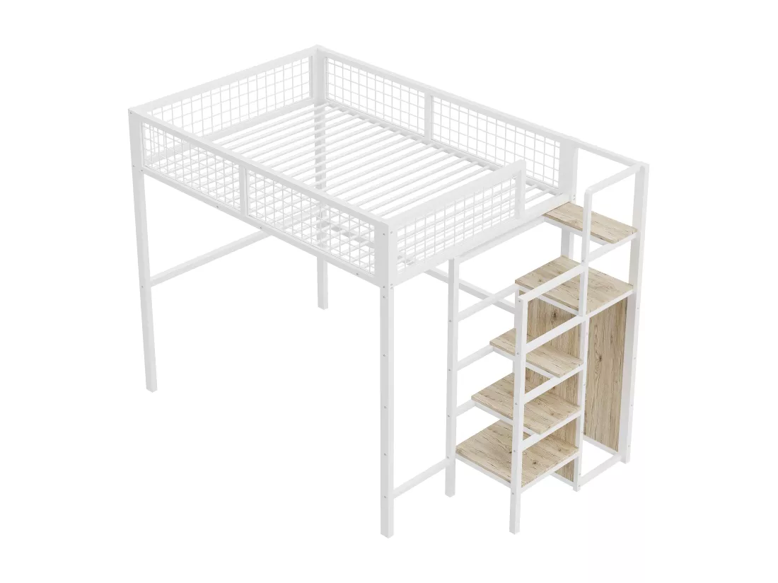 Lit mezzanine enfant 140x200 cm avec structure en fer - avec échelle de rangement et une penderie - Blanc