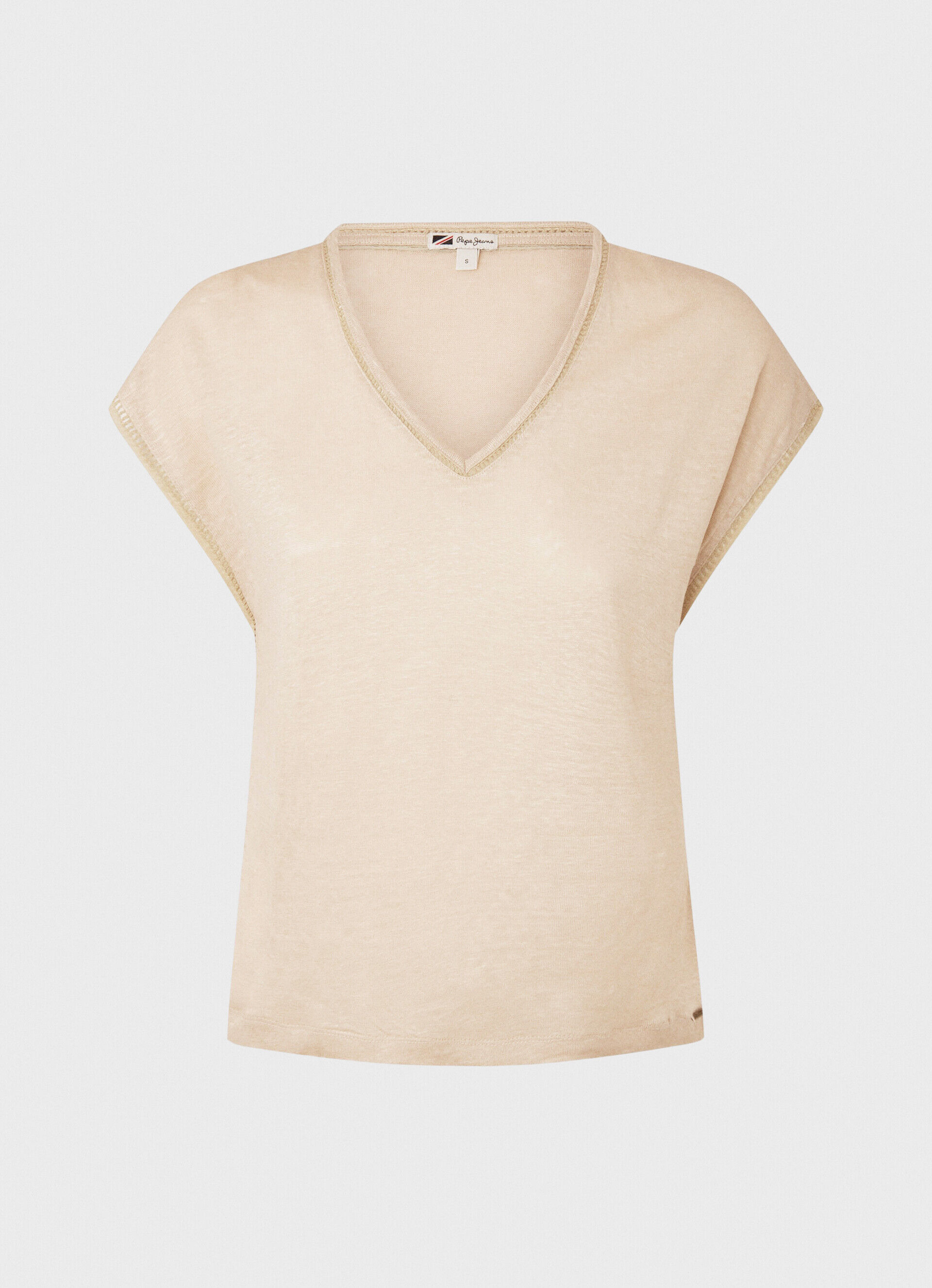 Camiseta de linho com decote em V - bege pedra