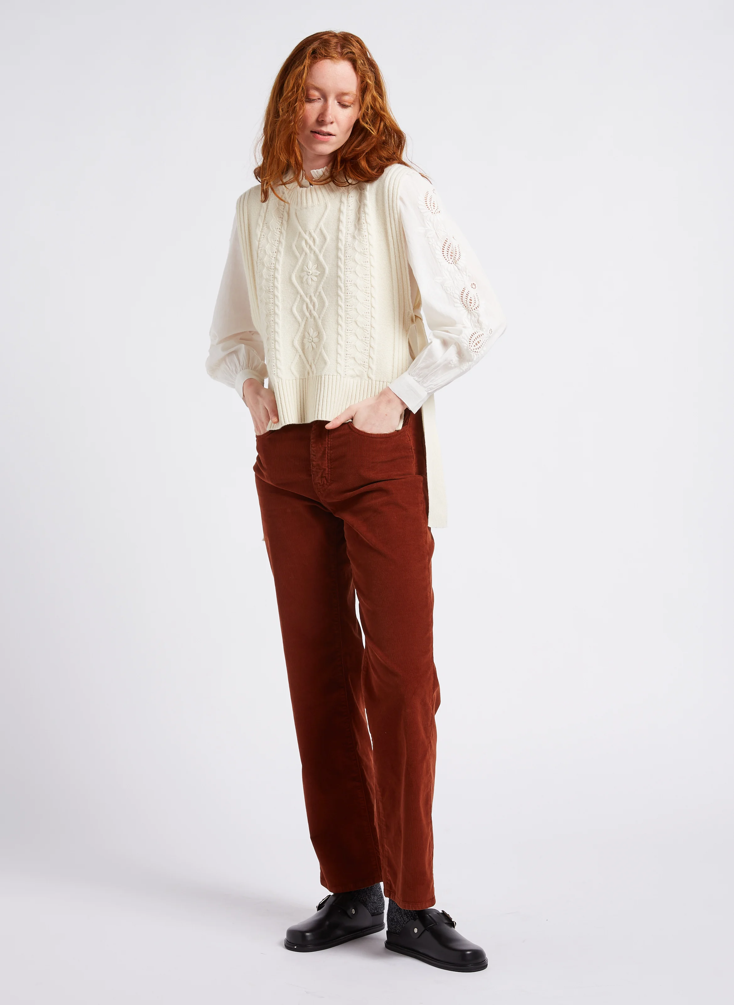 PERRINE - Pantalon droit en coton côtelé | Beige