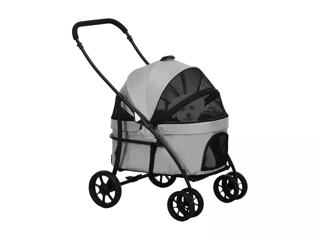 Poussette pour chien pliable nacelle 2 en 1 - poignée, housse zippée, pochette - acier oxford gris