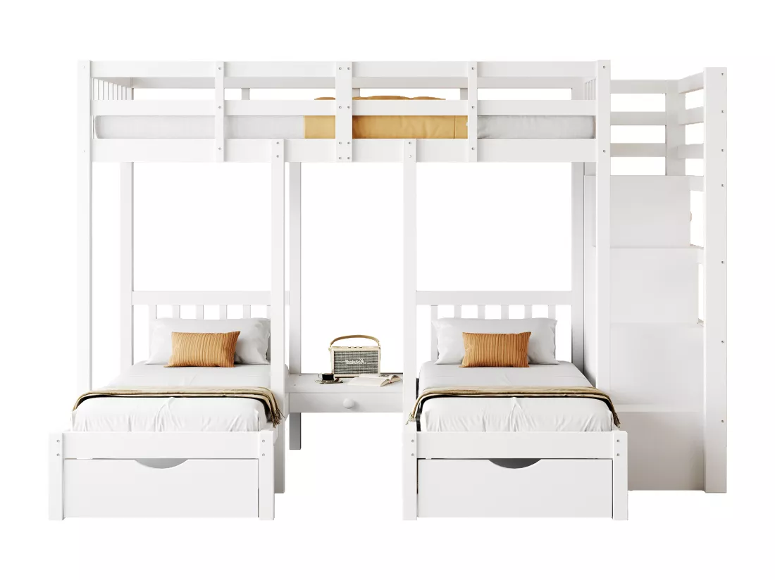 Lits superposés triples 90 x 200 cm + 2 x 70 x 140 cm avec 5 tiroirs, table de chevet et escalier - Bois massif et MDF - Blanc