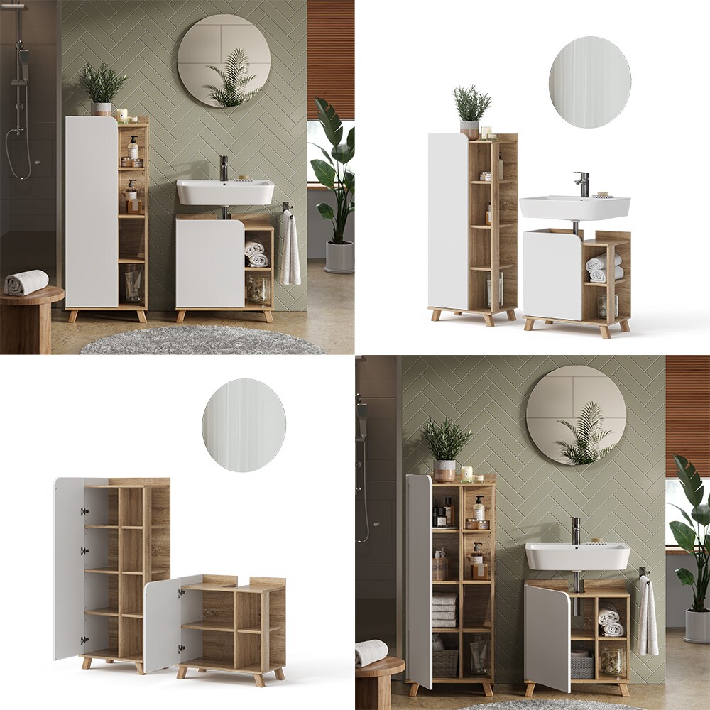 Vicco Badmöbel-Set Karen, Sonoma Weiß, moderne Badezimmerserie, 2 Farben, Waschtischunterschrank, Badspiegel, Midischrank