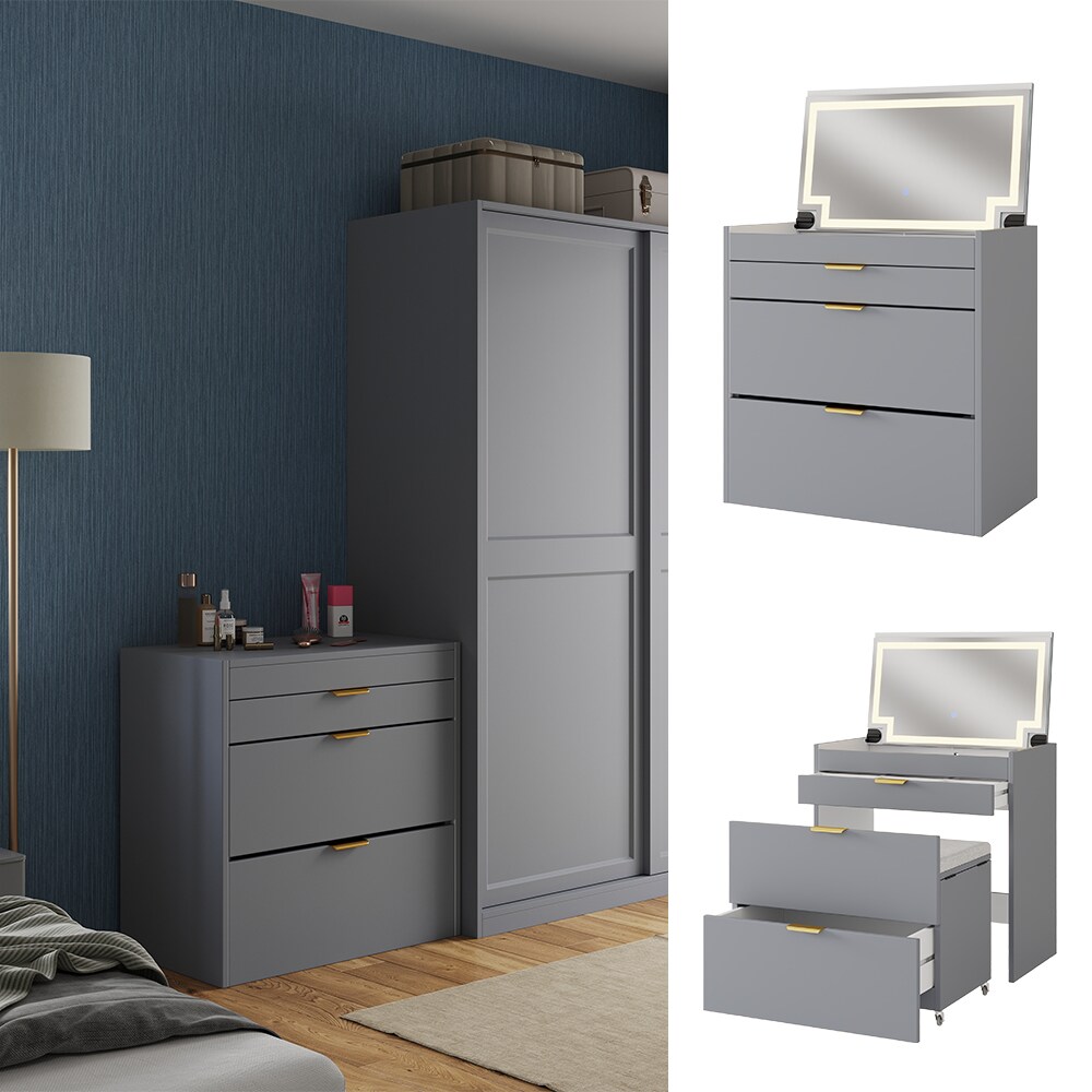 Vicco Schminkkommode Wanja Grau 80 cm mit Bank und LED-Spiegel