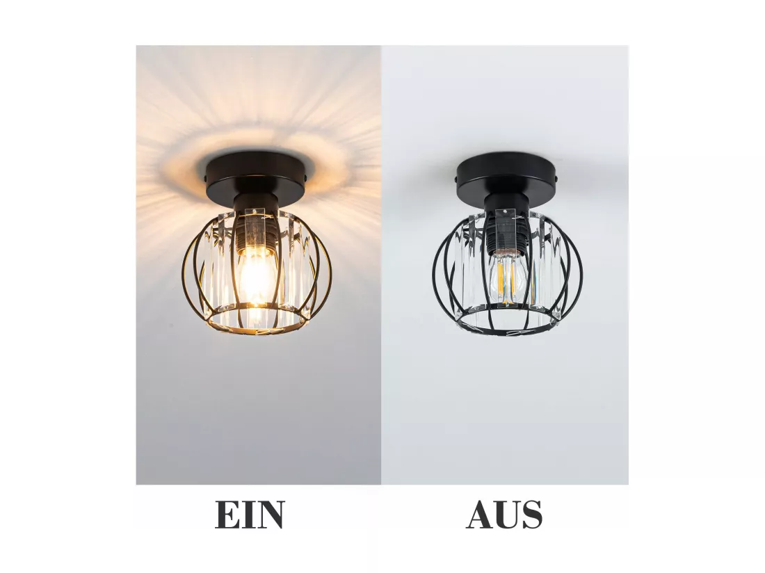 NETTLIFE Plafonnier Cristal Noir Moderne E27 Lampe de Cuisine Vintage avec Cadre en Métal
