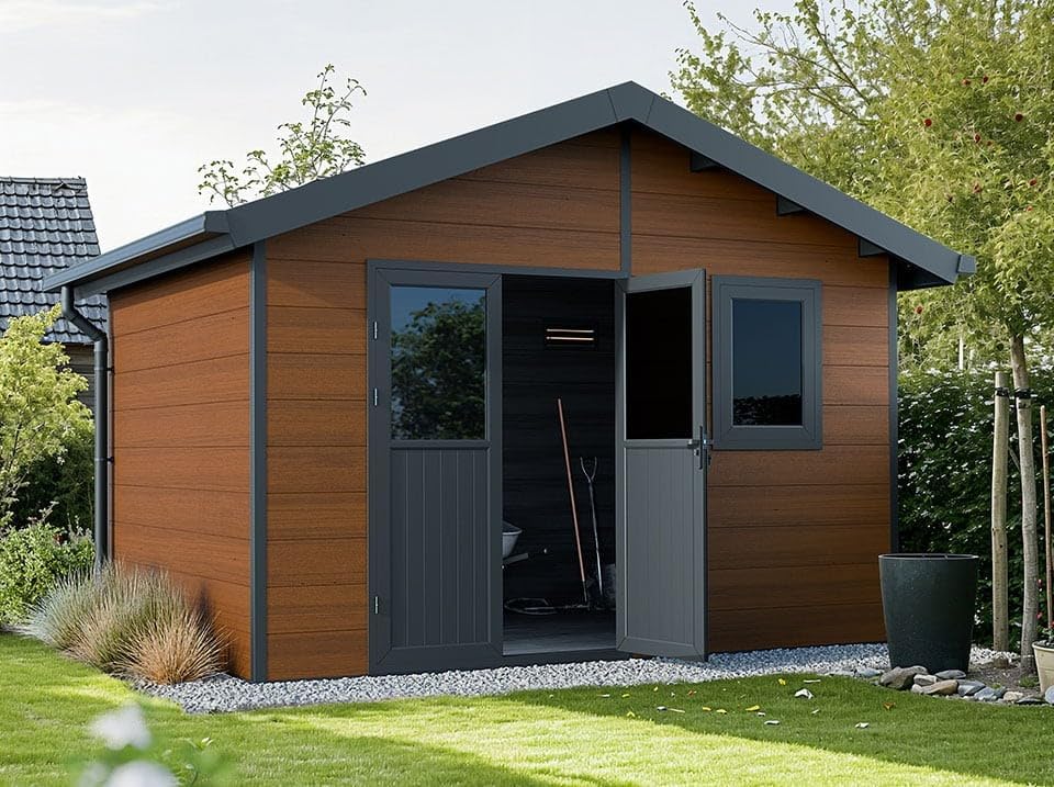WPC Gartenhaus ISORA – 12 m², braun – Dielenstärke: 28 mm – Werkstattkabine/FahrradGerätehaus – Aluminium-Tischlerei