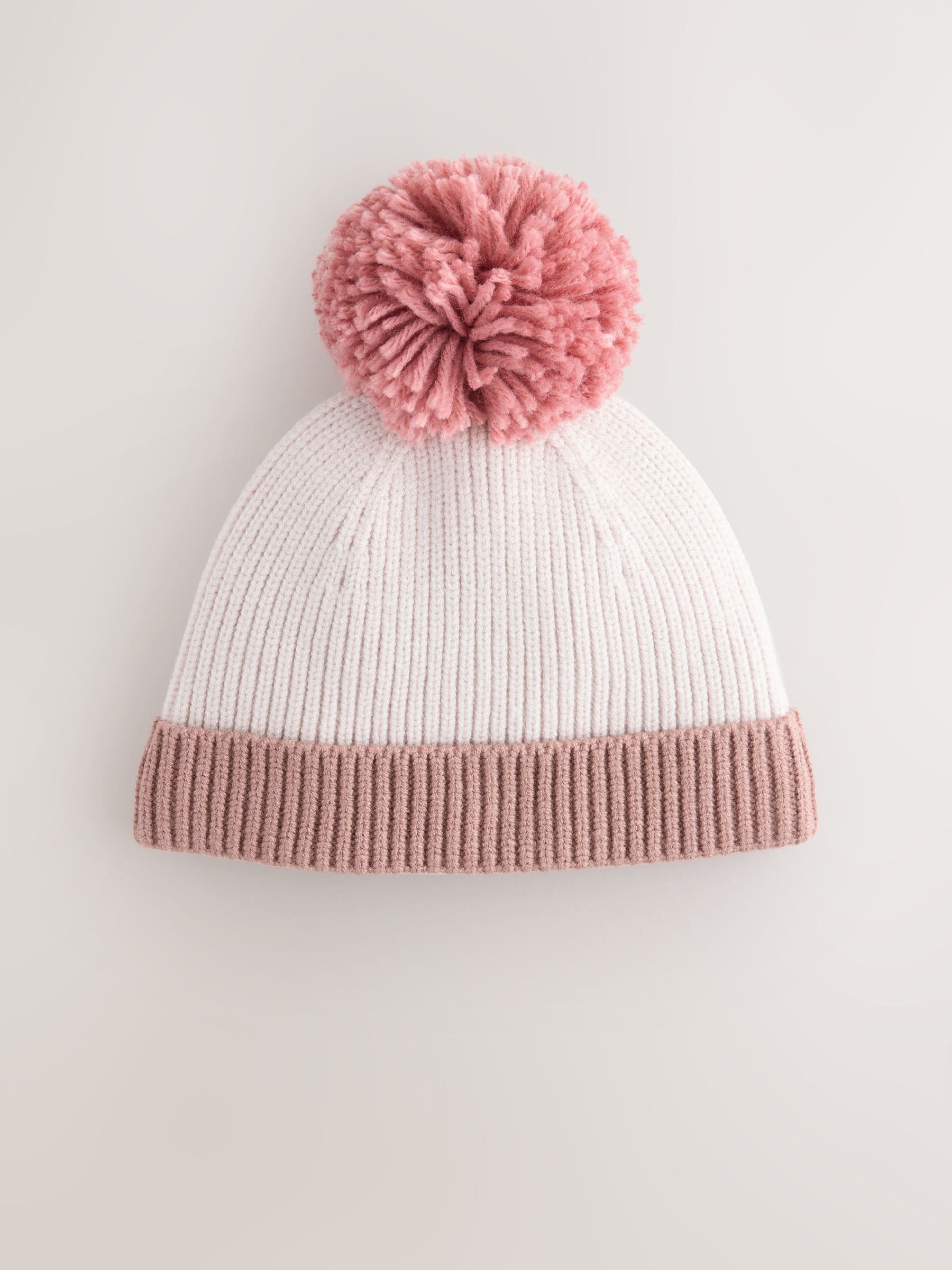 Roze/crème met kleurvlak - Gebreide babybeanie met pompon (0mnd-2jr)