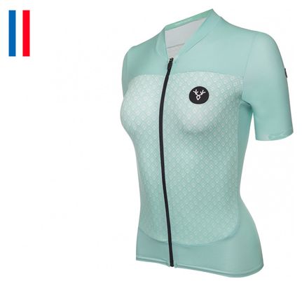 Maillot Manches Courtes Femme LeBram Portillon Celeste / Vert Coupe Ajustée