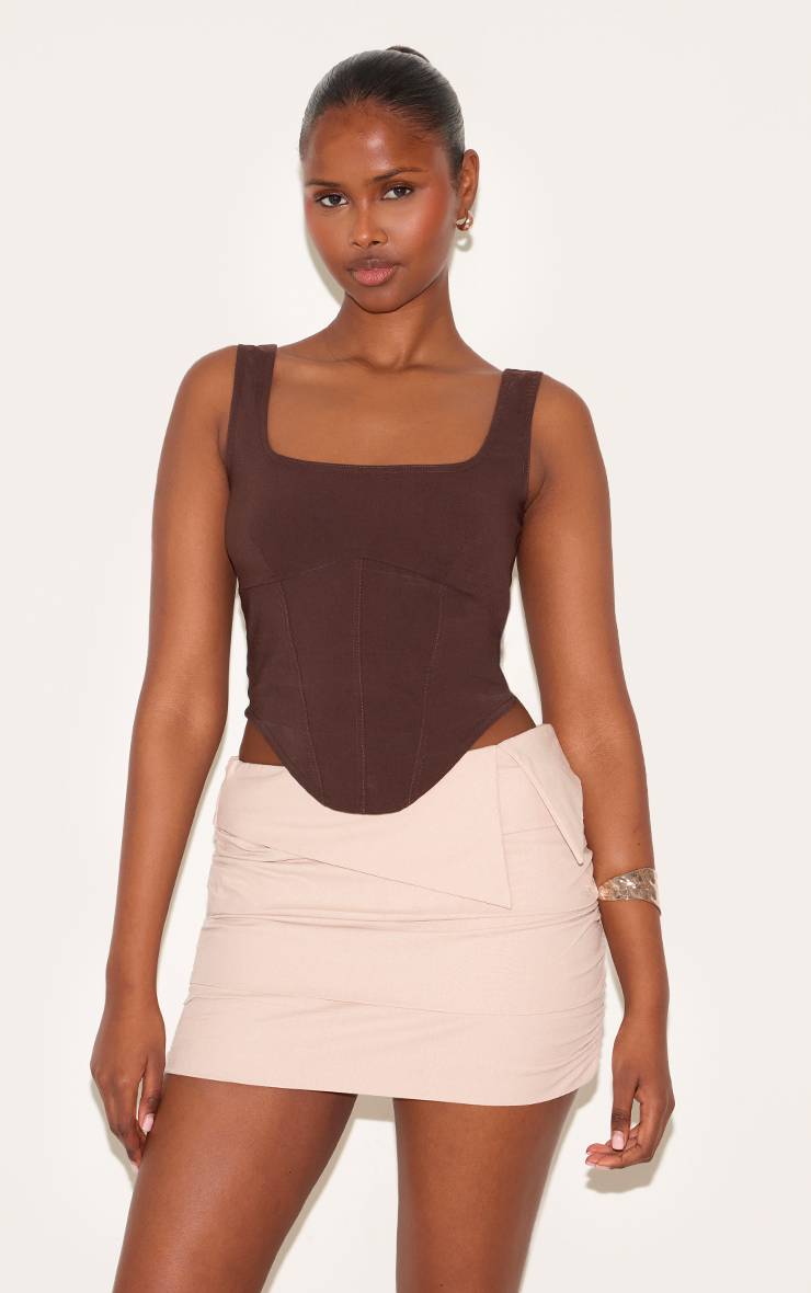 Gris Pierre Mini-jupe Froncée En Mélange De Lin Avec Taille Repliée
