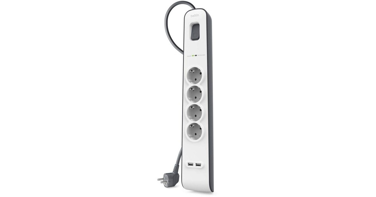 BelkinSpanningsbeveiliger met 4 stopcontacten en 2 USB-poorten  stekkerdoos  (Grijs/wit)