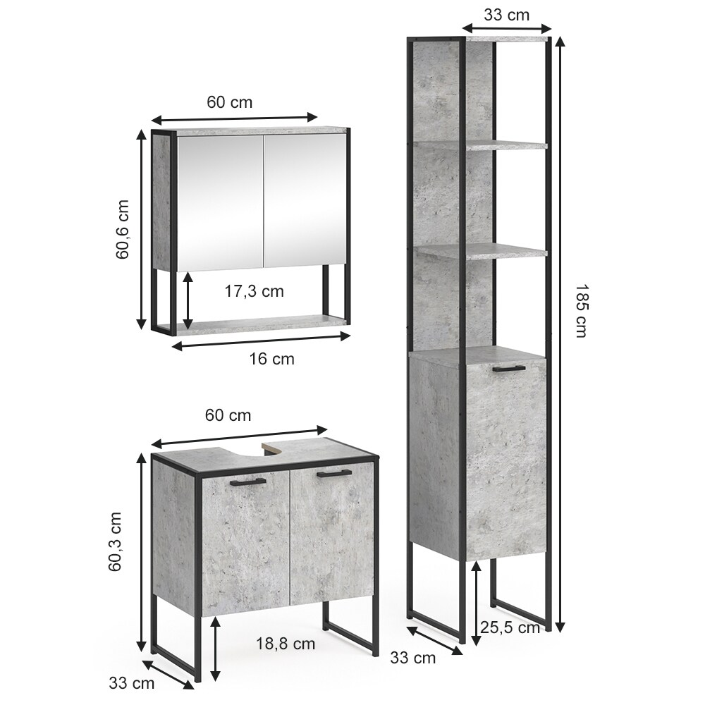 Vicco Loft Badmöbel Set Fyrk Beton Spiegelschrank Hochschrank Waschtischunterschrank