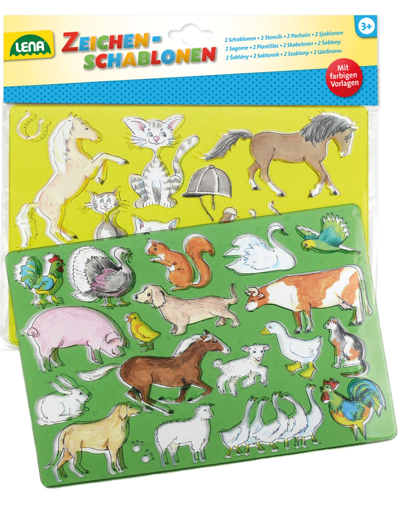 Zeichenschablonen PFERDE UND KATZEN in gelb/grün