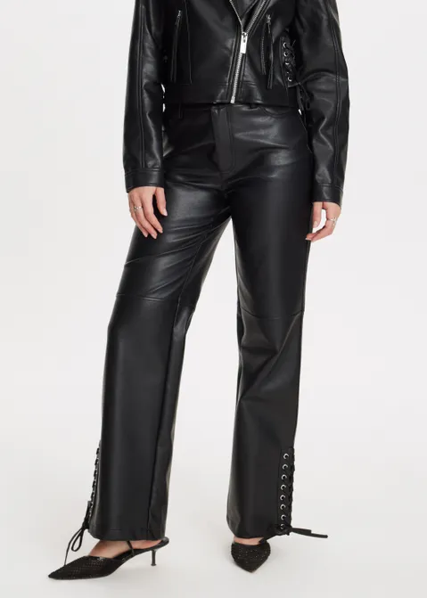 Imitatieleren broek met strik zwart (ZWART)