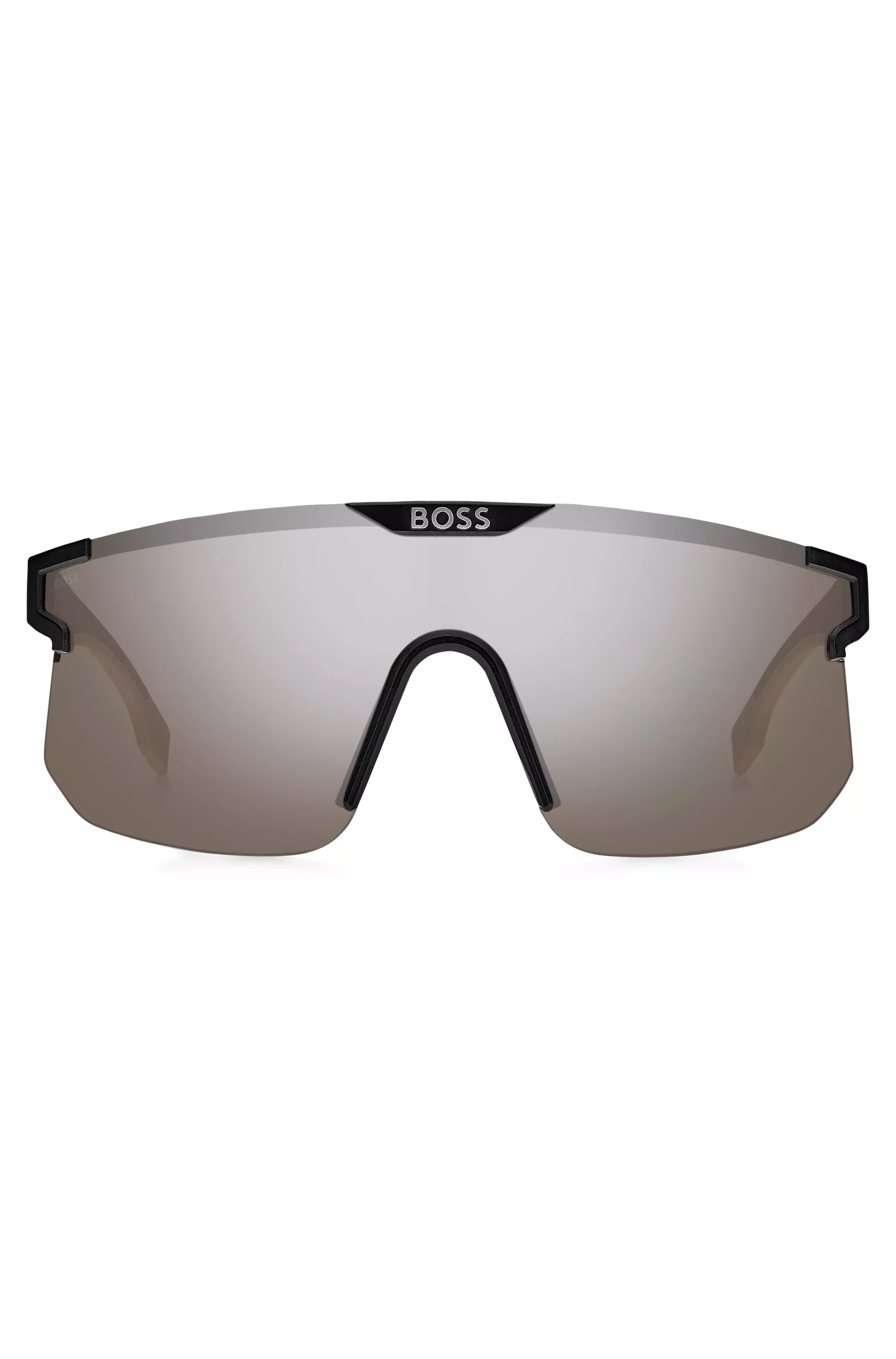 Óculos de sol BOSS pretos, estilo máscara, com hastes e ponte personalizadas com a marca.