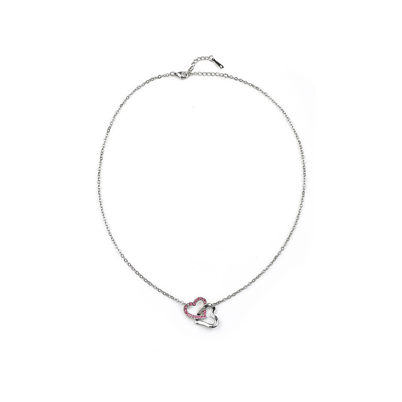 Collier double Coeurs entrelacés orné de Cristal rose de Swarovski et plaqué rhodium