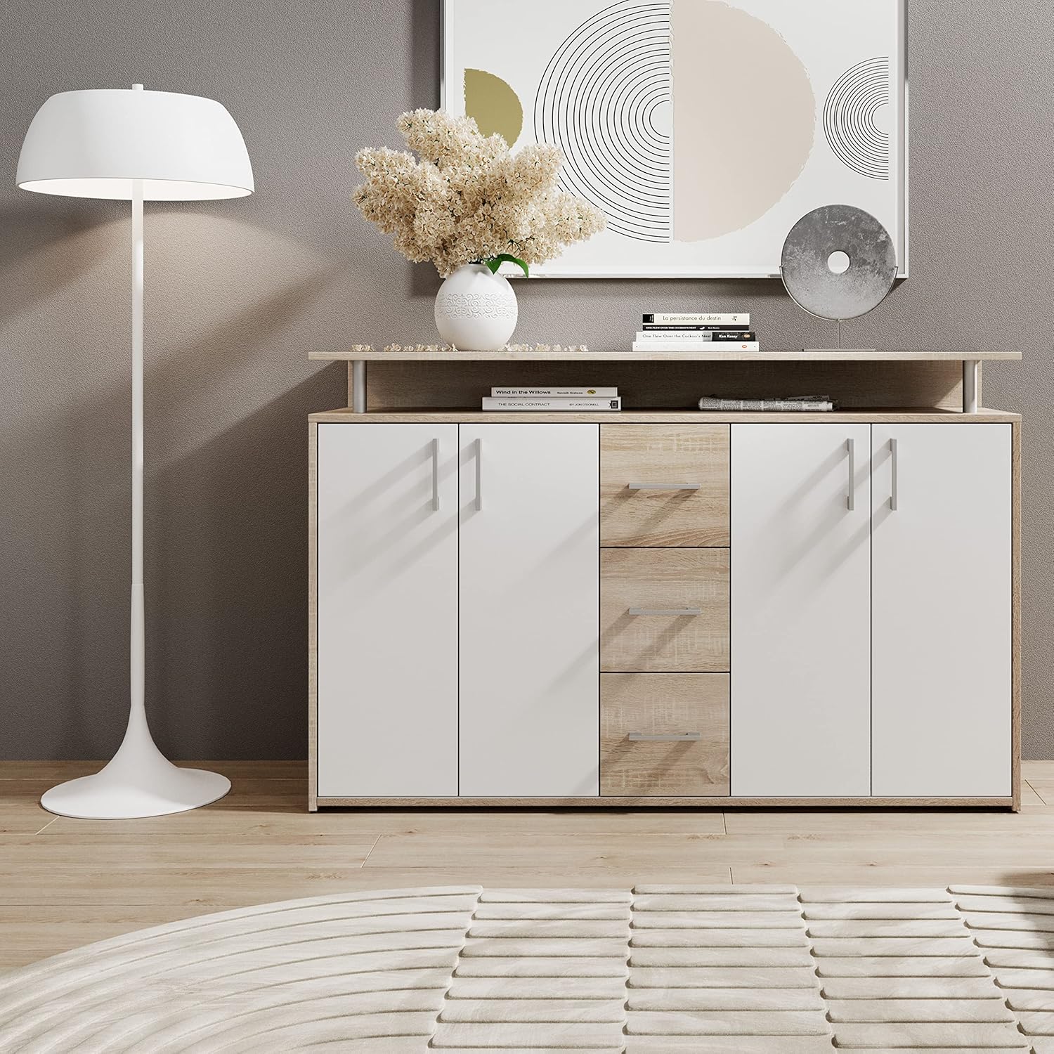 DRIFT Sideboard mit Ablage in Eiche Sonoma Optik, Weiß - Moderne Kommode mit Schubladen und viel Stauraum für Ihren Wohnbereich - 139 x 90 x 34 cm (B/H/T)