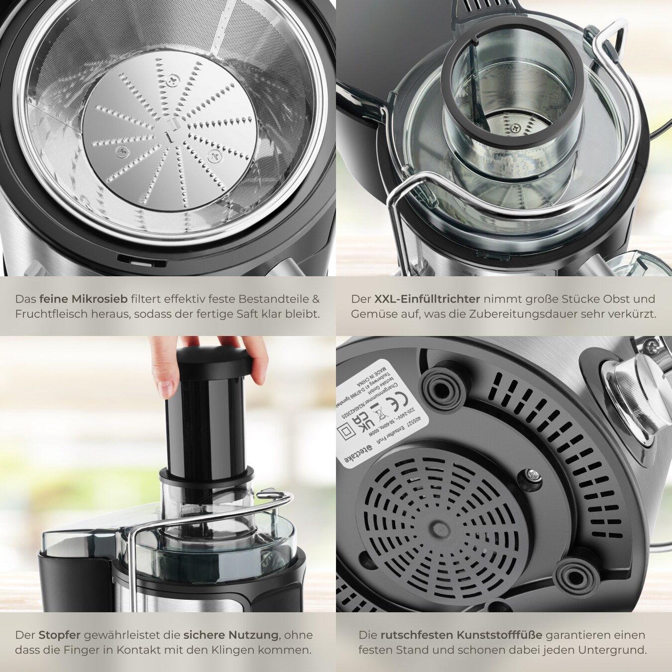 tectake® Entsafter, 600 W, 500 ml Fassungsvermögen, Edelstahlgehäuse, rutschfeste Gummifüße, 18 x 26 x 28,5, GS-Zertifikat