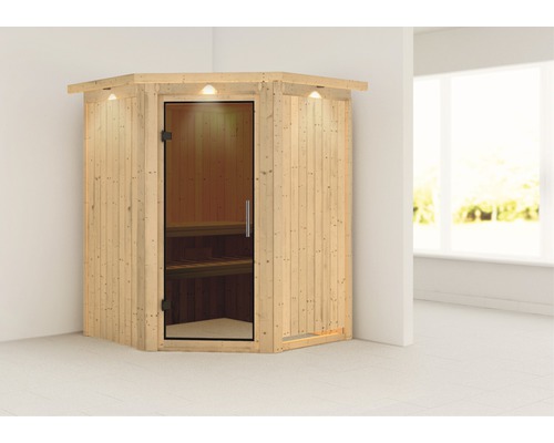 Plug & Play Sauna Karibu Achat II zonder kachel, met dakrand en grafietkleurige volledig glazen deur