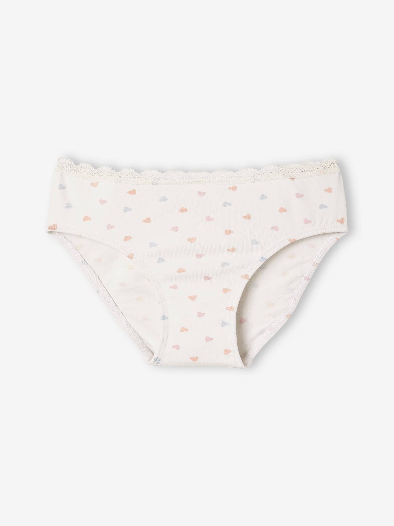 Pacote com 5 calcinhas lilás com estampa de corações para meninas.