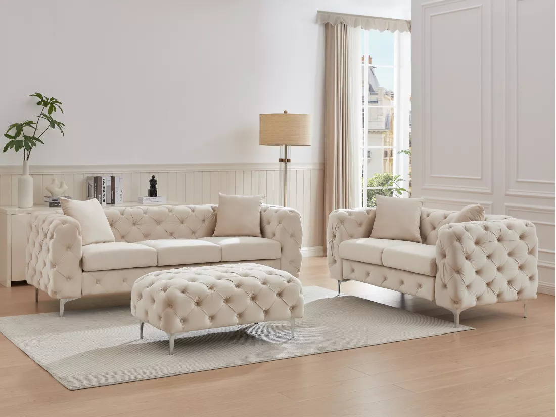 Canapé 3 places, 2 places et pouf chesterfield en velours beige EDWINA