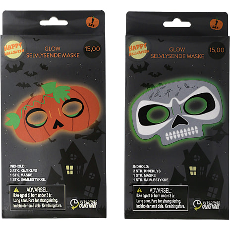 Halloween glow maske - flere varianter - assorteret