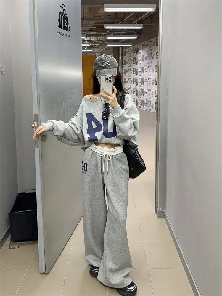 satierra - Off Shoulder Numbering Pullover / High Waist Wide Leg Sweatpants