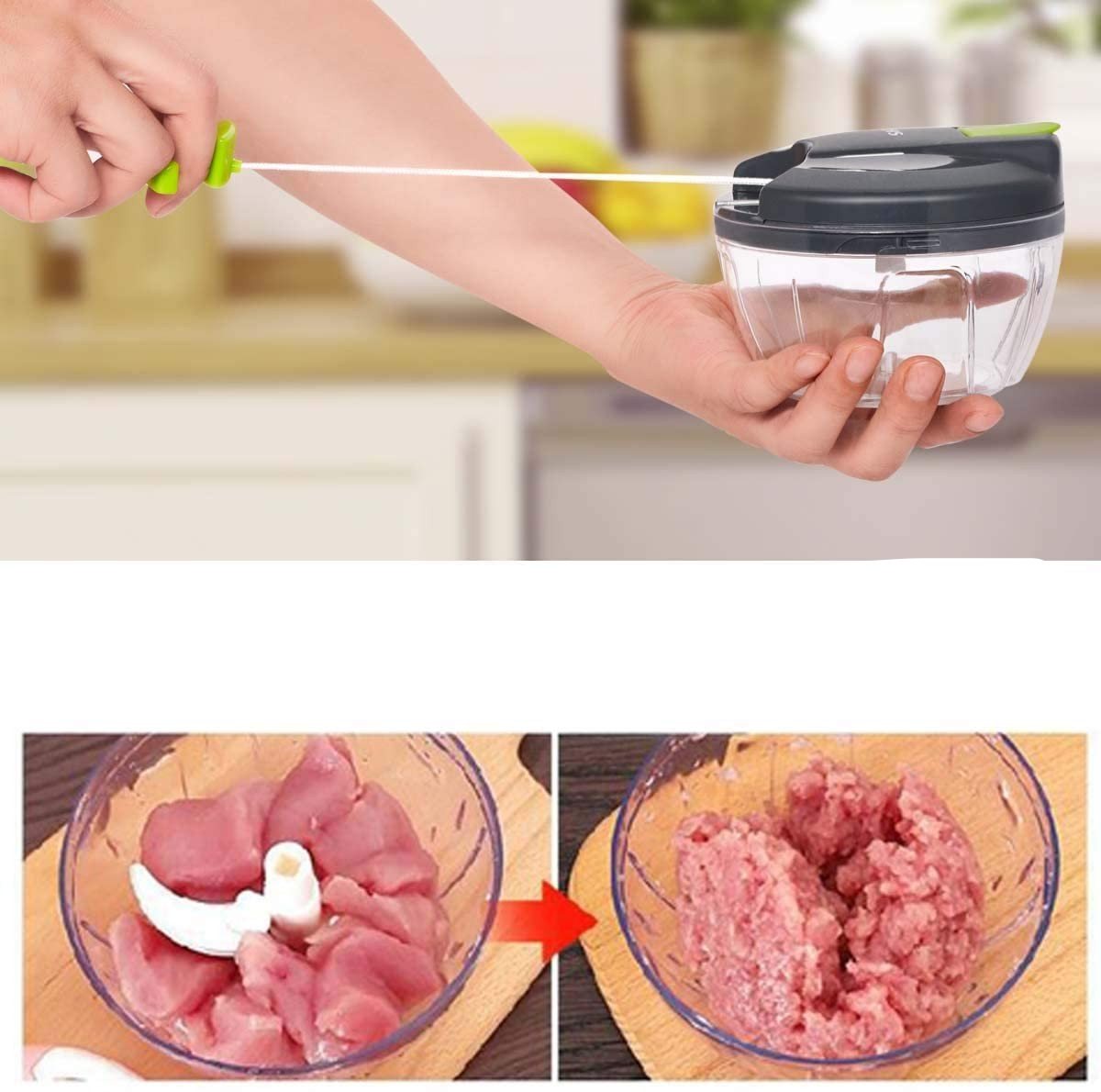 (12.6x9.3cm) Handbetriebener Zerkleinerer mit Edelstahlklinge für Obst / Gemüse - Grau / Grün