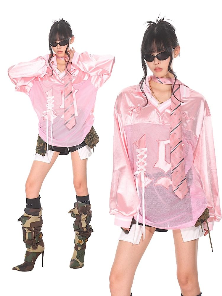 AXEN - V-hals nummer geborduurd veter mesh paneel oversized trui
