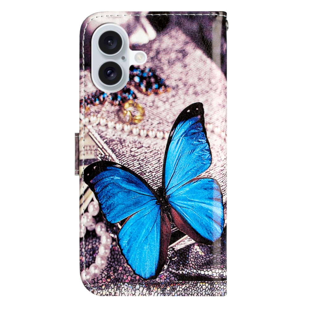iPhone 16 Leder Tasche Hülle mit Kartenfach Blauer Schmetterling