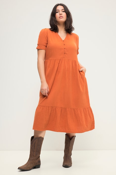 Musselin-Midikleid, A-Line, V-Ausschnitt, Halbarm