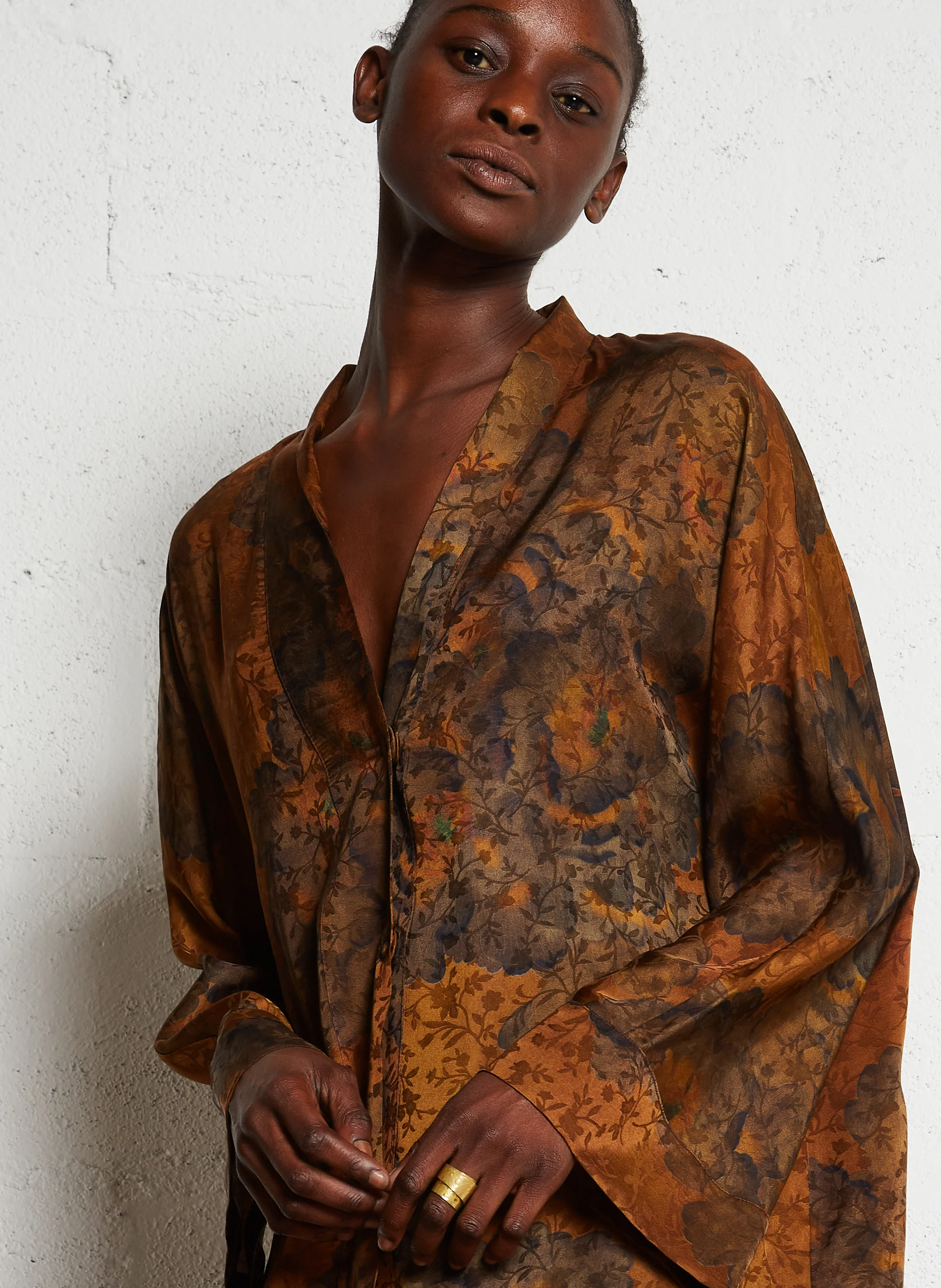ISHIKO - Veste kimono ample imprimée satinée | Marron