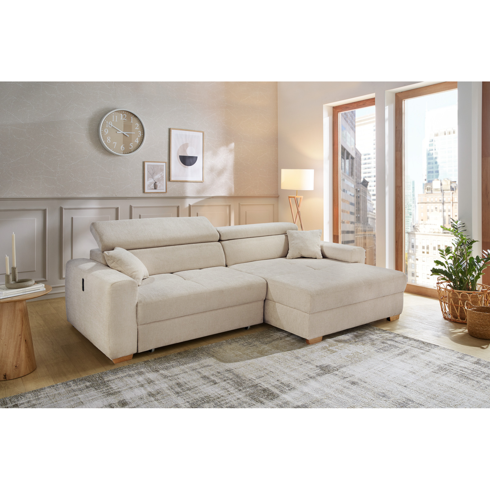Ecksofa Track Stoff beige mit elektrischer Vorziehbank