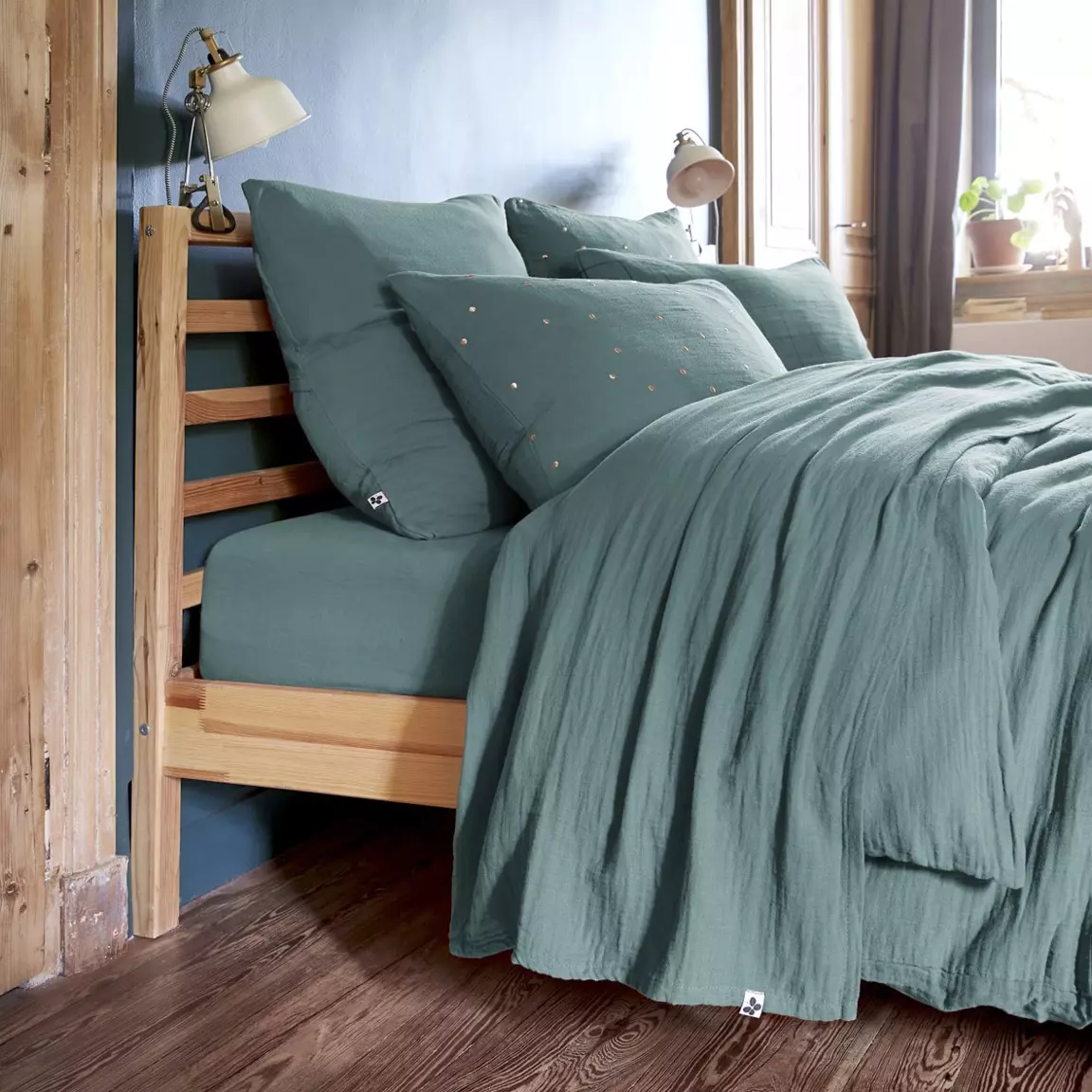 Drap plat gaze de coton (240 x 300 cm) Gaïa Bleu canard