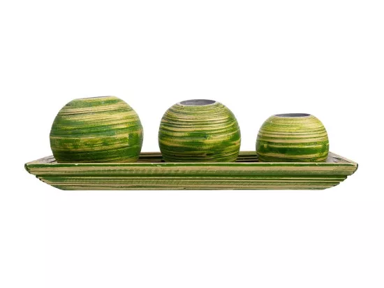 Ensemble plateau et 3 bougeoirs en bois de bambou vert 33x13x3h cm
